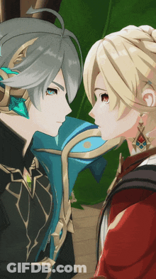 Two Anime Characters Looking At Each Other One In Red Jacket GIF