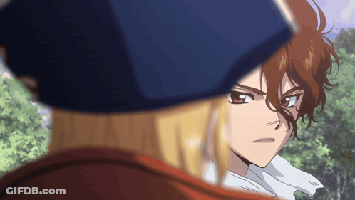 Two Anime Characters Looking At Each Other One Wearing Hat GIF