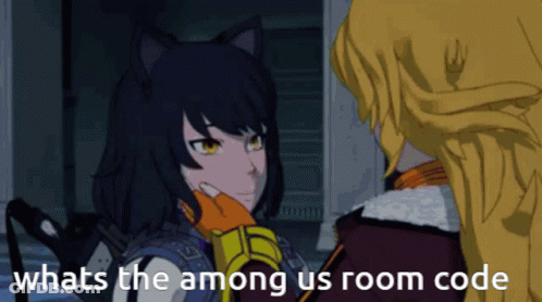Two Anime Characters Looking At Each Other Saying Whats The Among Us Room Code GIF