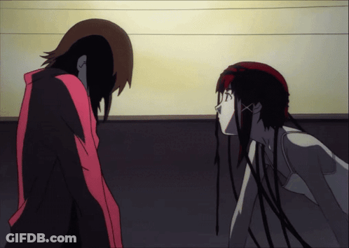 Two Anime Characters Looking At Each Other With One Wearing A Red Jacket GIF