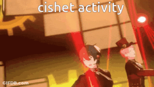 Two Anime Characters On Stage With Words Cishet Activity GIF