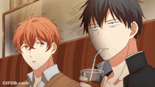 Two Anime Characters One With A Straw In His Mouth And The Other With His Eyes Closed GIF