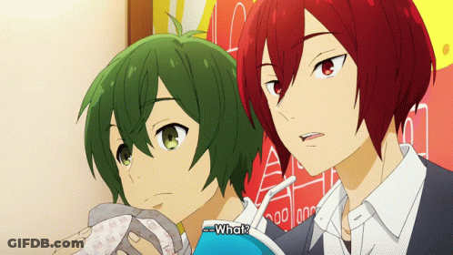 Two Anime Characters One With Green Hair And One With Red Hair Are Standing Next To Each Other And One Of Them Is Asking GIF