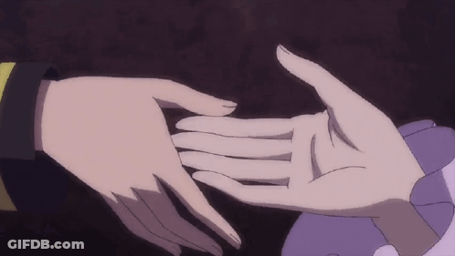 Two Anime Characters Shaking Hands With One Wearing A Yellow And Black Striped Bracelet GIF