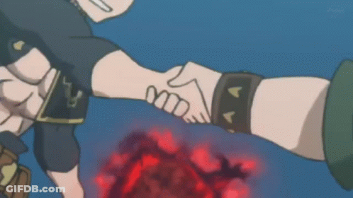 Two Anime Characters Shaking Hands With Red Heart GIF