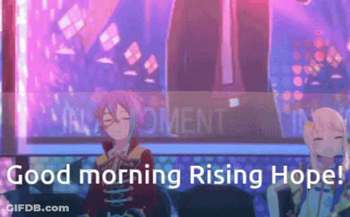 Two Anime Characters Sitting By Good Morning Rising Hope Sign GIF