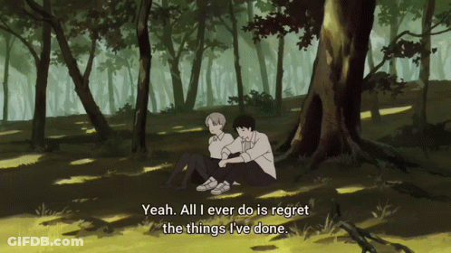 Two Anime Characters Sitting Under A Tree With One Saying " Yeah All I Ever Do Is Regret The Things I 'Ve Done GIF