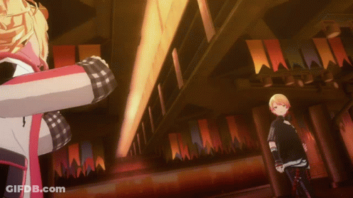 Two Anime Characters Standing In Dark Room With Flags GIF