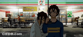 Two Anime Characters Standing In Front Of A 7 Eleven Store GIF