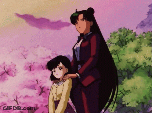 Two Anime Characters Standing In Front Of Trees GIF