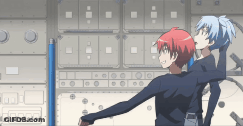 Two Anime Characters Standing Next To Each Other In Front Of A Wall GIF