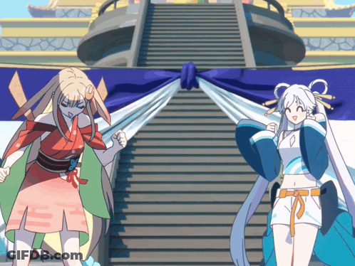 Two Anime Characters Standing Next To Each Other In Front Of Staircase GIF