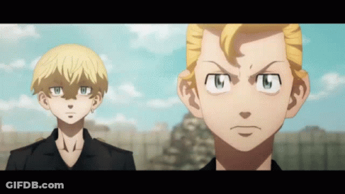 Two Anime Characters Standing Next To Each Other Looking At Camera GIF