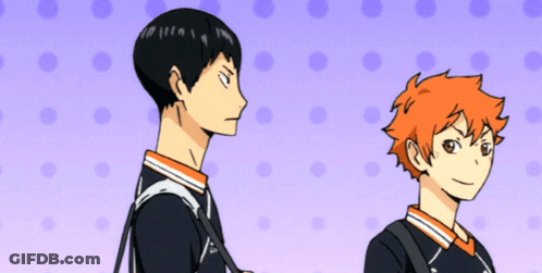 Two Anime Characters Standing Next To Each Other On A Purple Background GIF