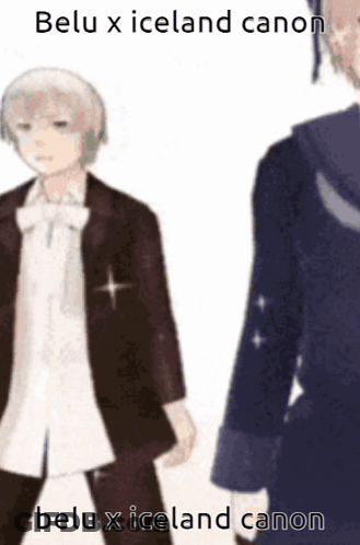 Two Anime Characters Standing Next To Each Other With The Caption " Beli X Iceland Canon " GIF