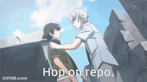 Two Anime Characters Standing Next To Each Other With The Words Hop On Repo Written Below Them GIF