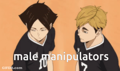 Two Anime Characters Standing Next To Each Other With The Words Male Manipulators Written Below Them GIF