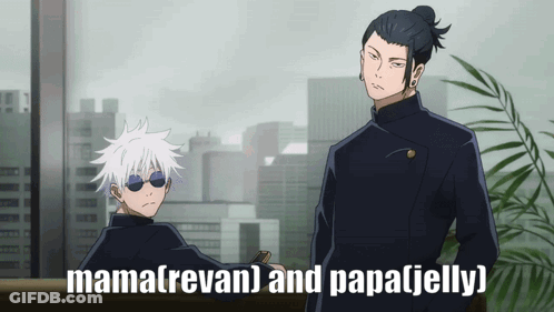 Two Anime Characters Standing Next To Each Other With The Words Mama Revan And Papa Jelly GIF
