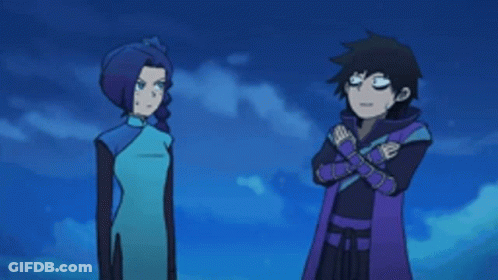 Two Anime Characters Standing Next To Each Other With Their Arms Crossed . GIF