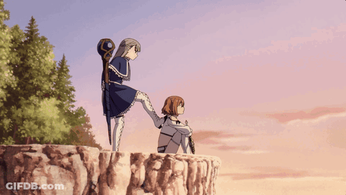 Two Anime Characters Standing On A Cliff One With A Cane GIF