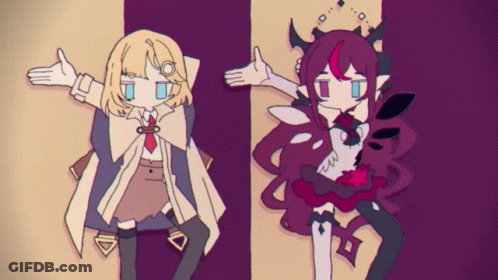 Two Anime Characters Standing Together On Purple Background GIF