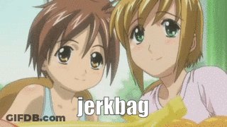 Two Anime Characters Standing With Jerkbag GIF