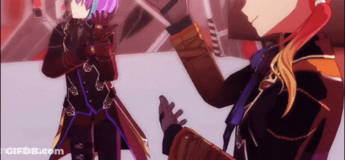 Two Anime Characters Standing With Purple And Red Hair GIF