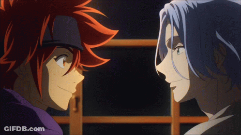 Two Anime Characters Staring One Red Hair GIF