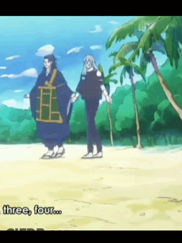 Two Anime Characters Walking On Beach Saying Three Four GIF
