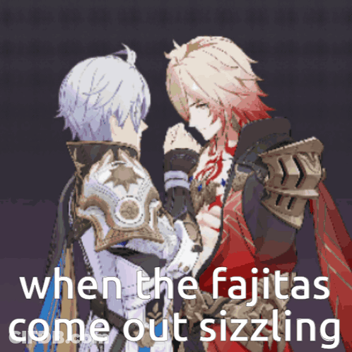 Two Anime Characters When The Fajitas Come Out Sizzling GIF