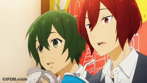 Two Anime Characters With Green Hair And Red Hair Are Standing Next To Each Other And One Of Them Is Saying Eh ? GIF
