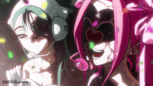 Two Anime Characters With Masks And Headphones Hearts GIF