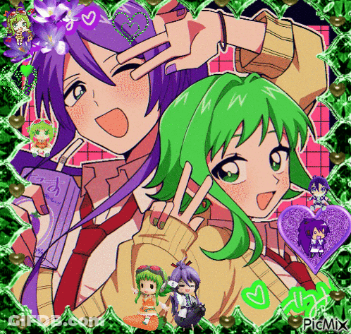 Two Anime Characters With Purple And Green Hair GIF