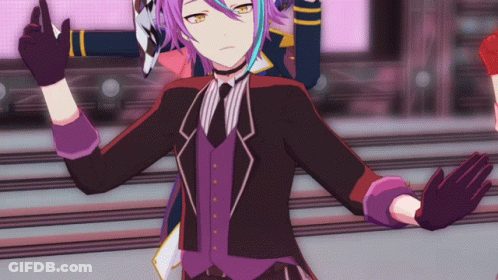 Two Anime Characters With Purple And Red Hair GIF