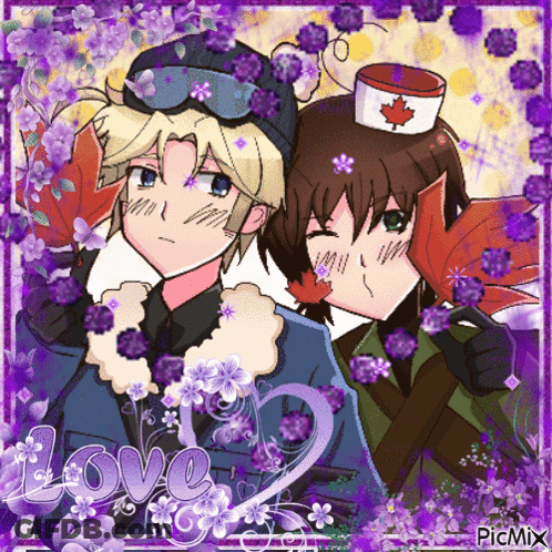 Two Anime Characters With Purple Flowers Saying Love GIF