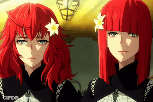 Two Anime Characters With Red Hair And Flowers In Hair GIF