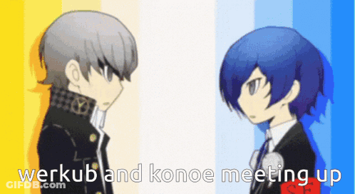 Two Anime Characters With Werkub And Konoe Meeting Up GIF