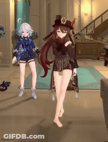 Two Anime Girls Are Dancing In A Room With A Staircase In The Background . GIF