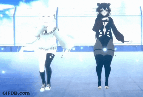 Two Anime Girls Are Dancing In Front Of A Blue Background GIF