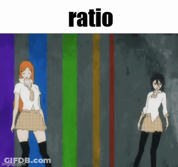 Two Anime Girls Are Dancing In Front Of A Rainbow Background And The Word Ratio Is Above Them GIF