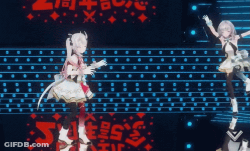 Two Anime Girls Are Dancing On A Stage In Front Of A Sign That Has The Number 3 On It GIF