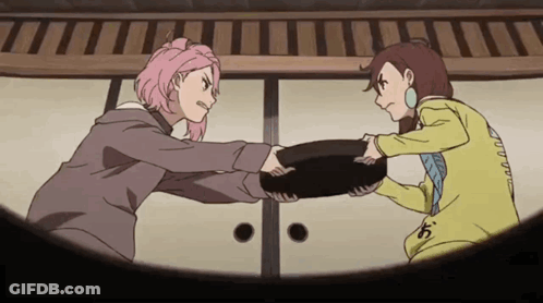 Two Anime Girls Are Fighting Over A Bowl And One Has The Letter O On The Back Of Her Shirt GIF