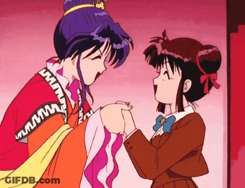 Two Anime Girls Are Holding Hands And One Has A Purple Hair And The Other Has Brown Hair GIF