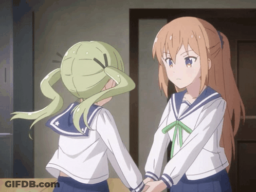 Two Anime Girls Are Holding Hands In A Room GIF