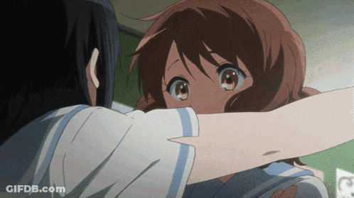 Two Anime Girls Are Hugging Each Other And One Has A Blue And White Striped Shirt GIF