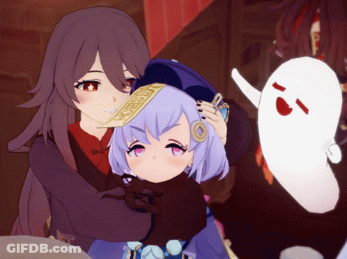 Two Anime Girls Are Hugging Each Other And One Has A Hat With Chinese Writing GIF