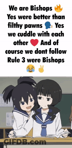 Two Anime Girls Are Hugging Each Other In A Classroom With A Text That Says We Are Bishops GIF