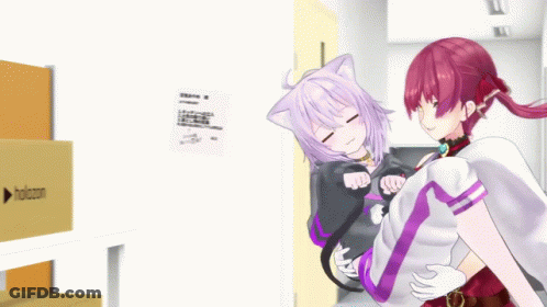 Two Anime Girls Are Hugging Each Other In Front Of A Box That Says Holozon GIF