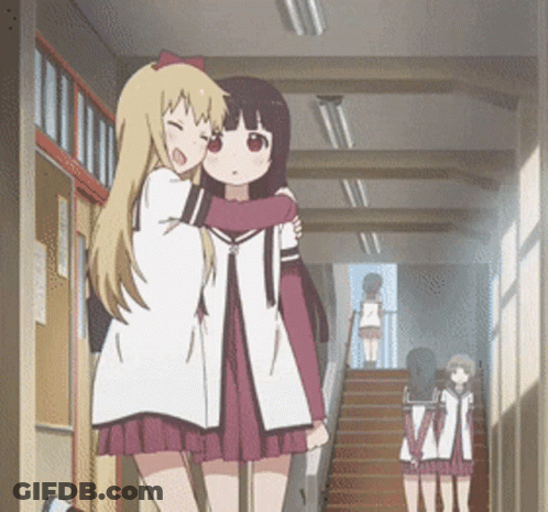 Two Anime Girls Are Hugging In A Hallway With Stairs In The Background GIF