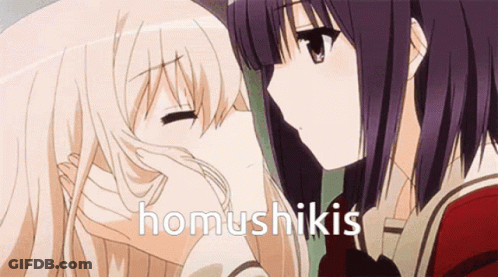 Two Anime Girls Are Kissing And The Word Homushikis Is On The Bottom Right GIF